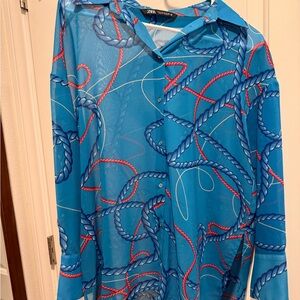 Zara Turquoise and Coral Rope Pattern sheer Shirt